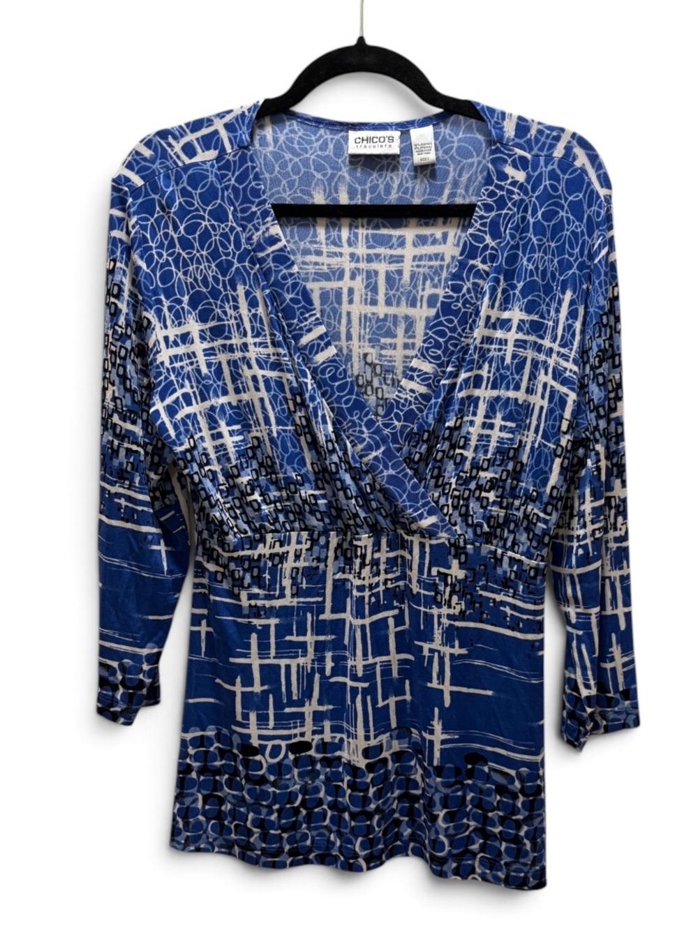 Chico's Travelers Medium (Sz 1 Chico's) Surplice Front Blouse in Blue and Black